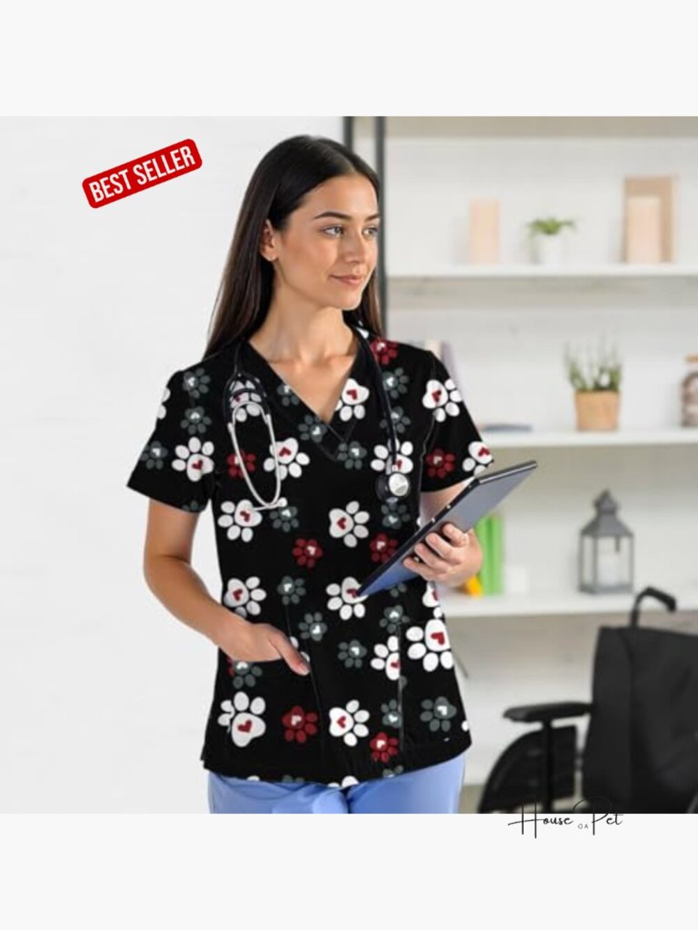 Cute Printed Scrub Top V Neck Short Sleeve Medical Nurse Uniform Soft With 2 View 2